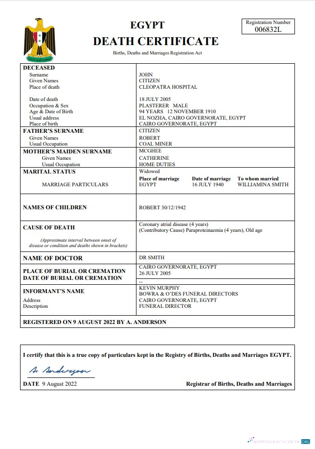 Download Egypt vital record death certificate Word and PDF template Photoshop template